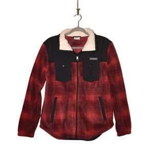 COLUMBIA $100 Benton Springs Overlay Fleece Jacket Red Plaid Medium